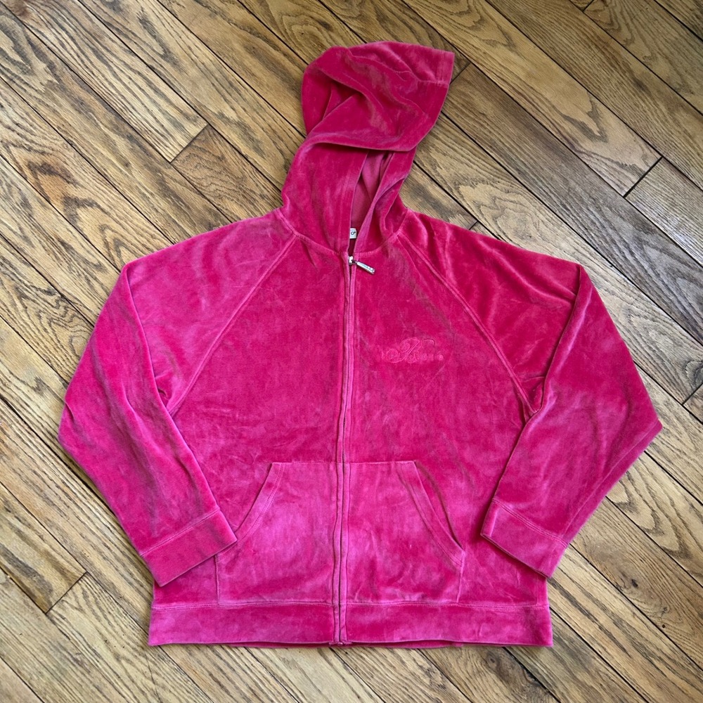 Bellagio Hot Pink Velour Zip Up Hoodie Sweatshirt XL Y2K Style V210